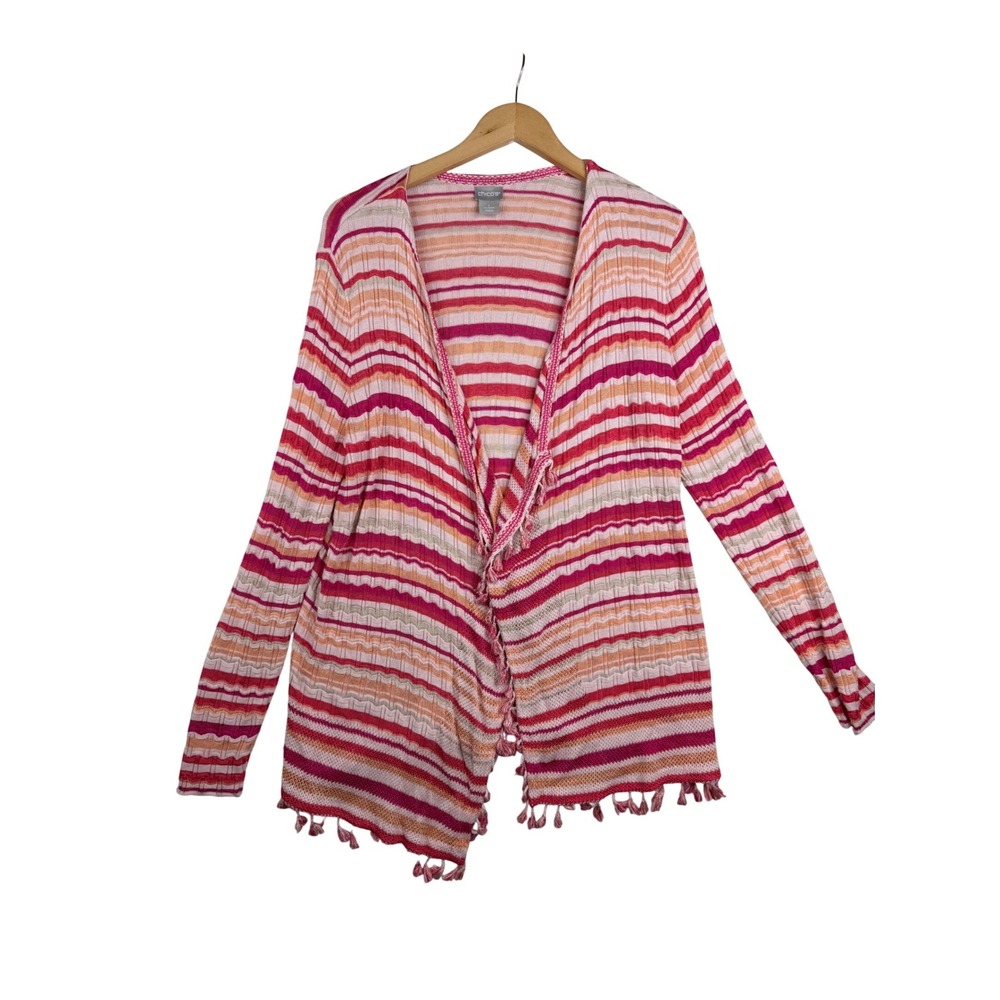 Chico's Wave Striped Tassel Detail Open Cardigan size 1 Medium Red/Orange/White